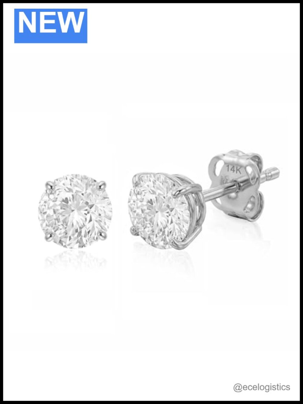 14K Solid White Gold Solitaire Round CZ Stud Earrings Unisex 6mm